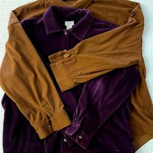 Corduroy overshirts. Purple is cotton, LL Bean, size L. Rust is polyester, XXL.